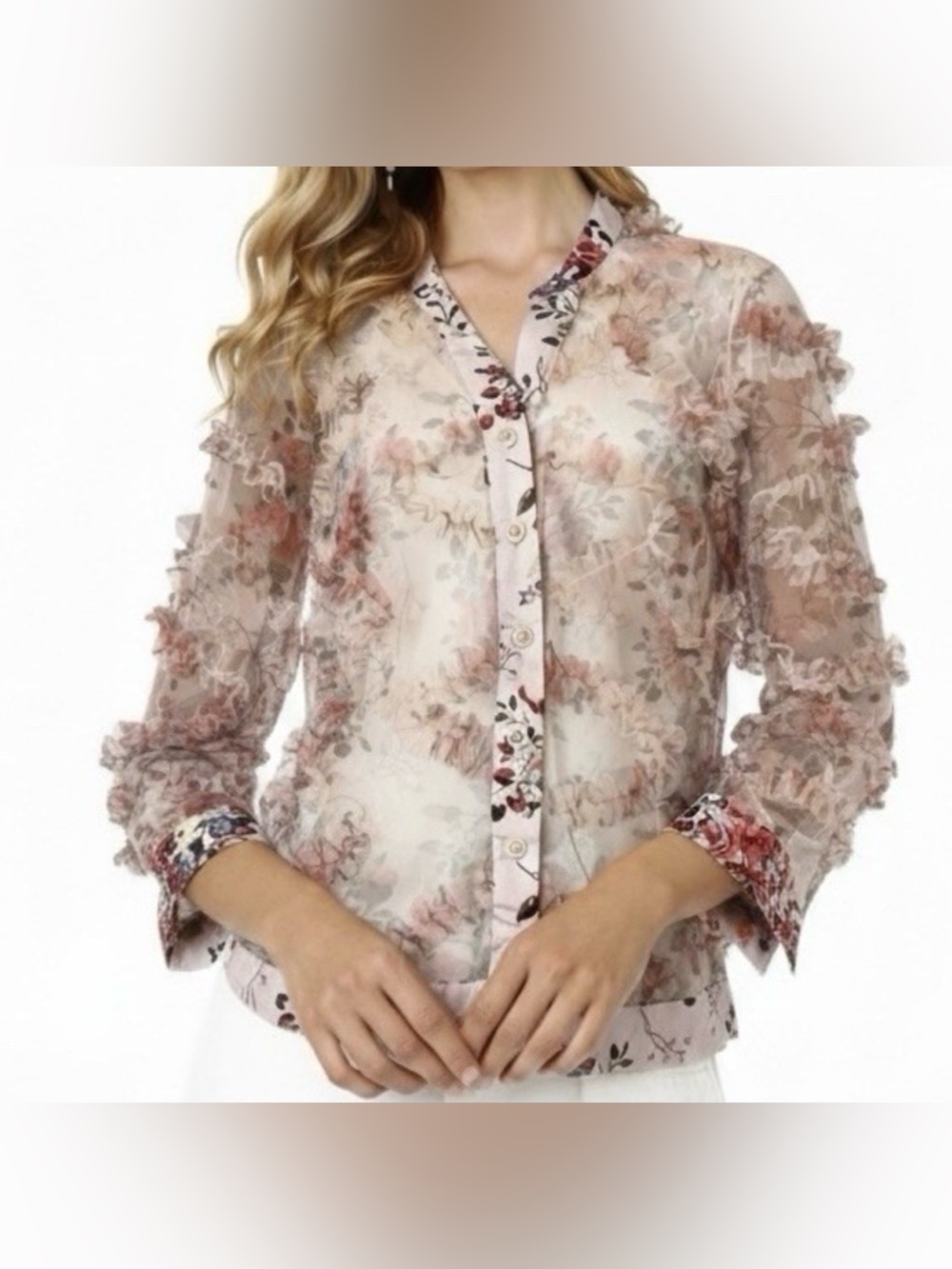 CATO Floral Jacket sz XL Lightweight Mesh 3D Ruffle Satin Trim Feminine NWOT